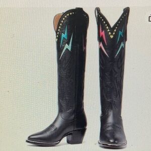 Black Western Boots with blue & pink lighting bolt accents NWOT Size 9 (40) TTS